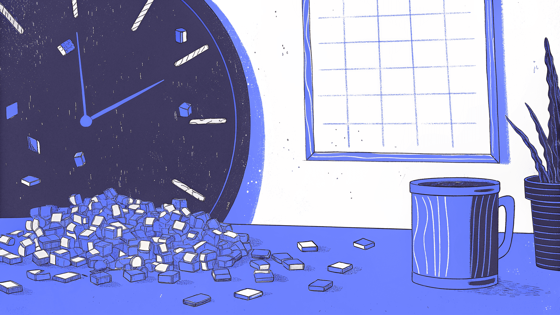 Fragmented clock dissolving into Slack bubbles, emails, and calendar tiles showing hidden labor cost