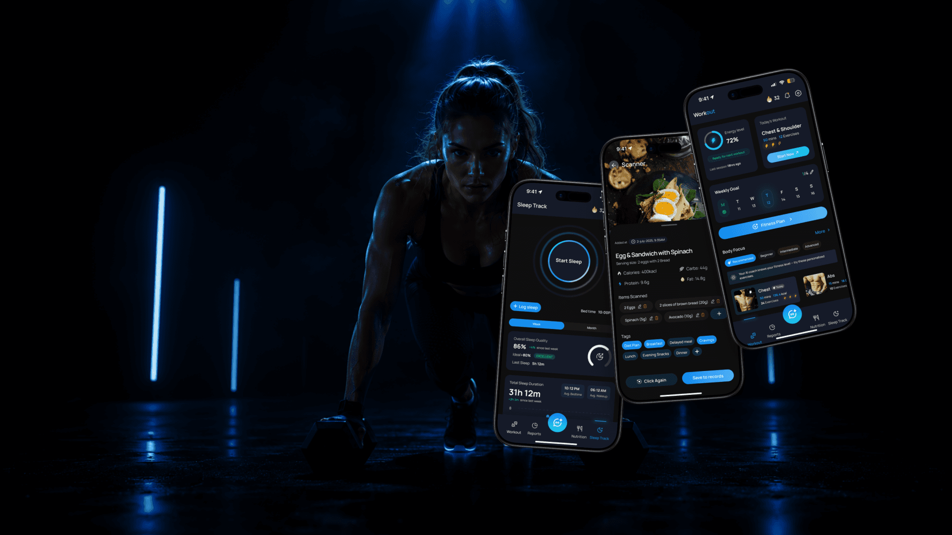 AtheleteOS coaching app screens over a dark photo of an athlete training