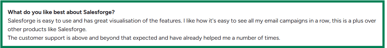 Salesforge G2 review about helpful support