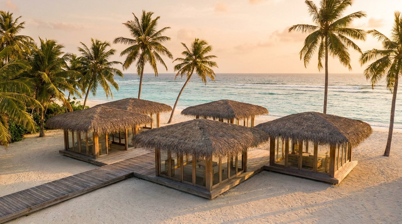 Exterior view of Pousada Sereno, featuring minimalist tropical pavilions with thatched roofs nestled among coconut palms on a white sand beach at golden hour.