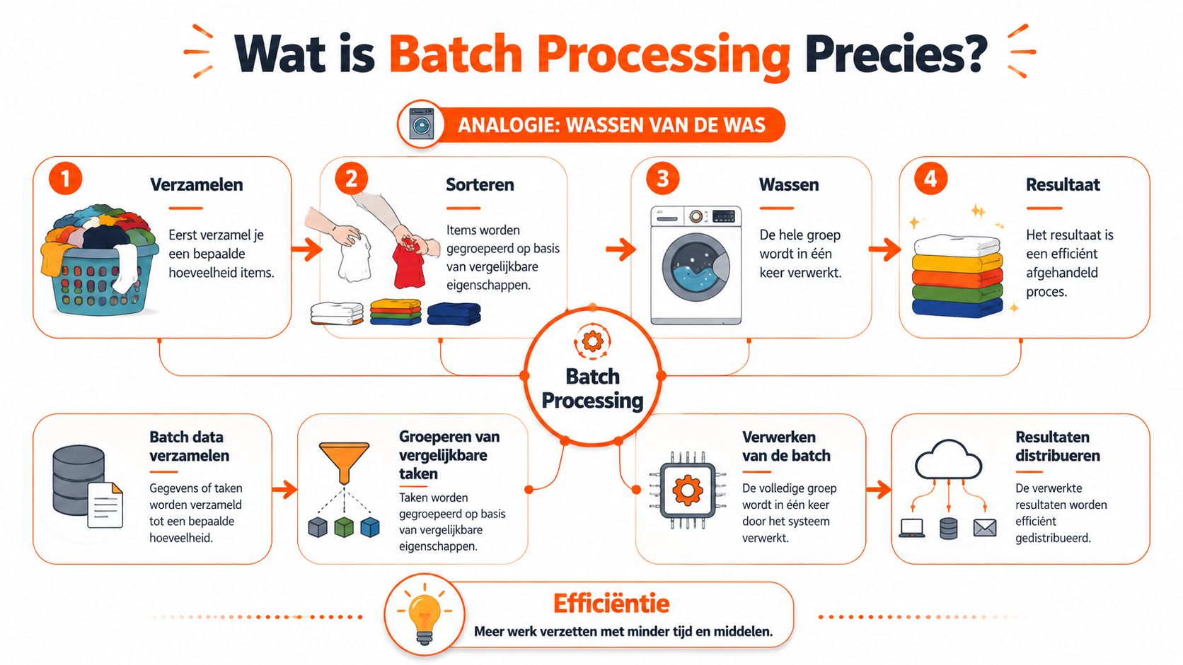 Een infographic die batchverwerking uitlegt met een analogie van de was doen vergeleken met datagegevens.