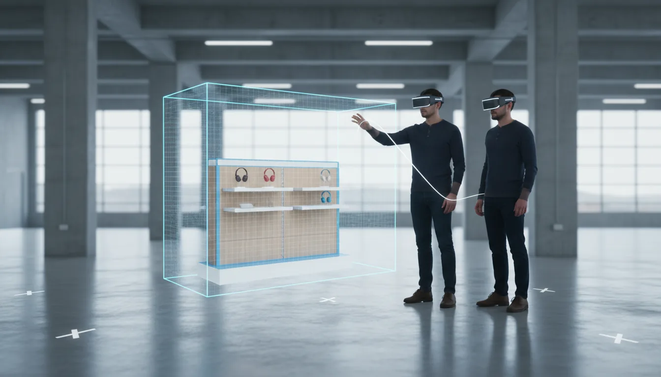 DSLR photography of two men in a modern industrial warehouse with concrete pillars, wearing futuristic mixed-reality headsets. One man extends his arm, interacting with a life-sized holographic 3D model of a retail product display for headphones. The hologram is detailed with light wood and white shelf textures, enclosed within a translucent blue volumetric grid. A thin beam of light connects his hand to the interface. White holographic 'X' markers are projected onto the polished concrete floor. The lighting is soft, even natural daylight coming from large background windows, creating a clean, professional aesthetic with a shallow depth of field.