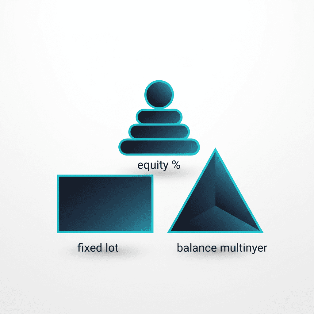 Minimalist composition comparing fixed lot, equity percent, and balance multiplier with geometric shapes