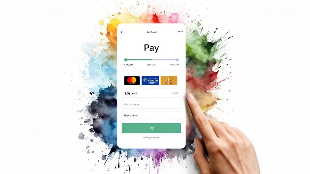 A hand interacting with a mobile payment app displaying various payment options on a colorful watercolor background.