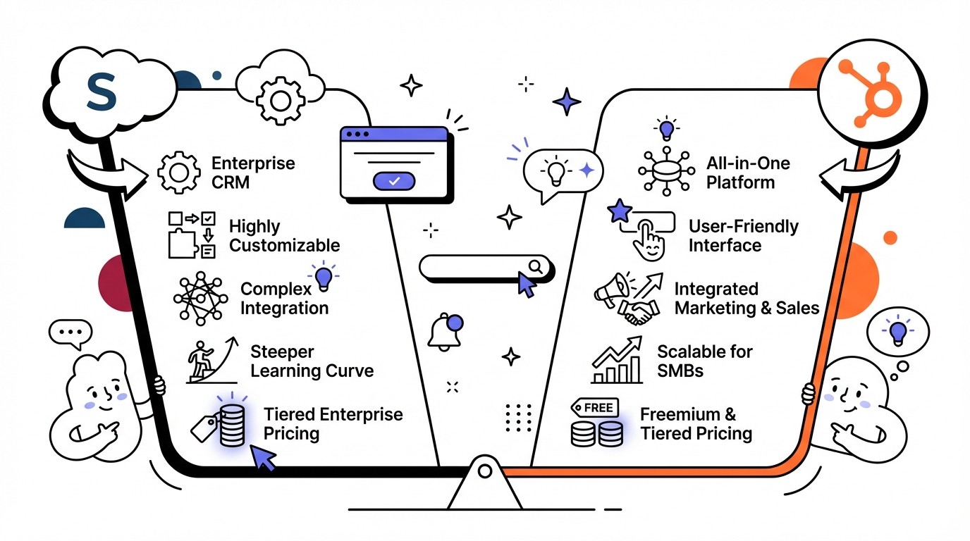 An infographic visually comparing Salesforce and HubSpot, highlighting their key differences in target audience, features, complexity, and pricing models, presented on a digital comparison table.