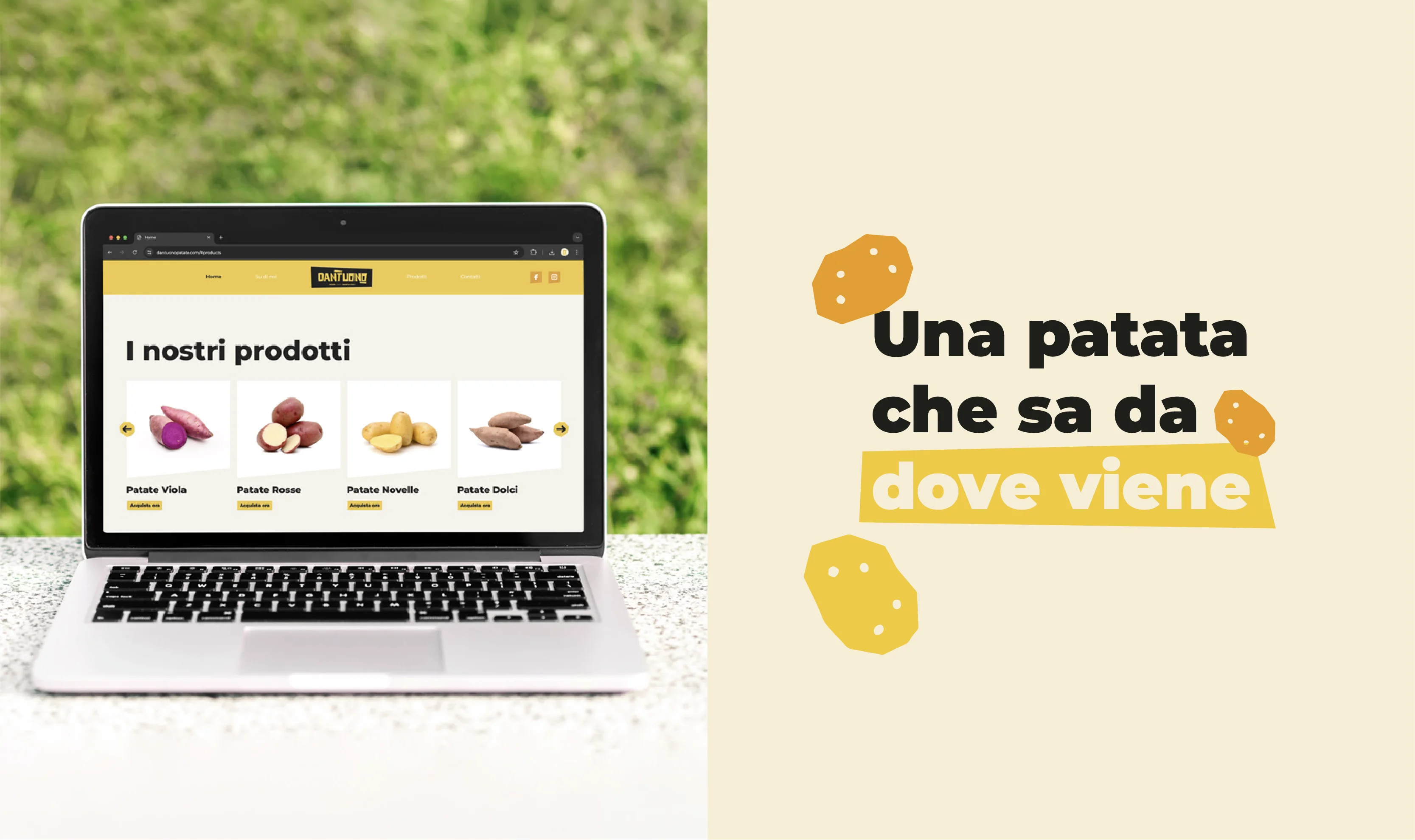 Dantuono website mockup on laptop displaying product categories with brand payoff and potato shapes.