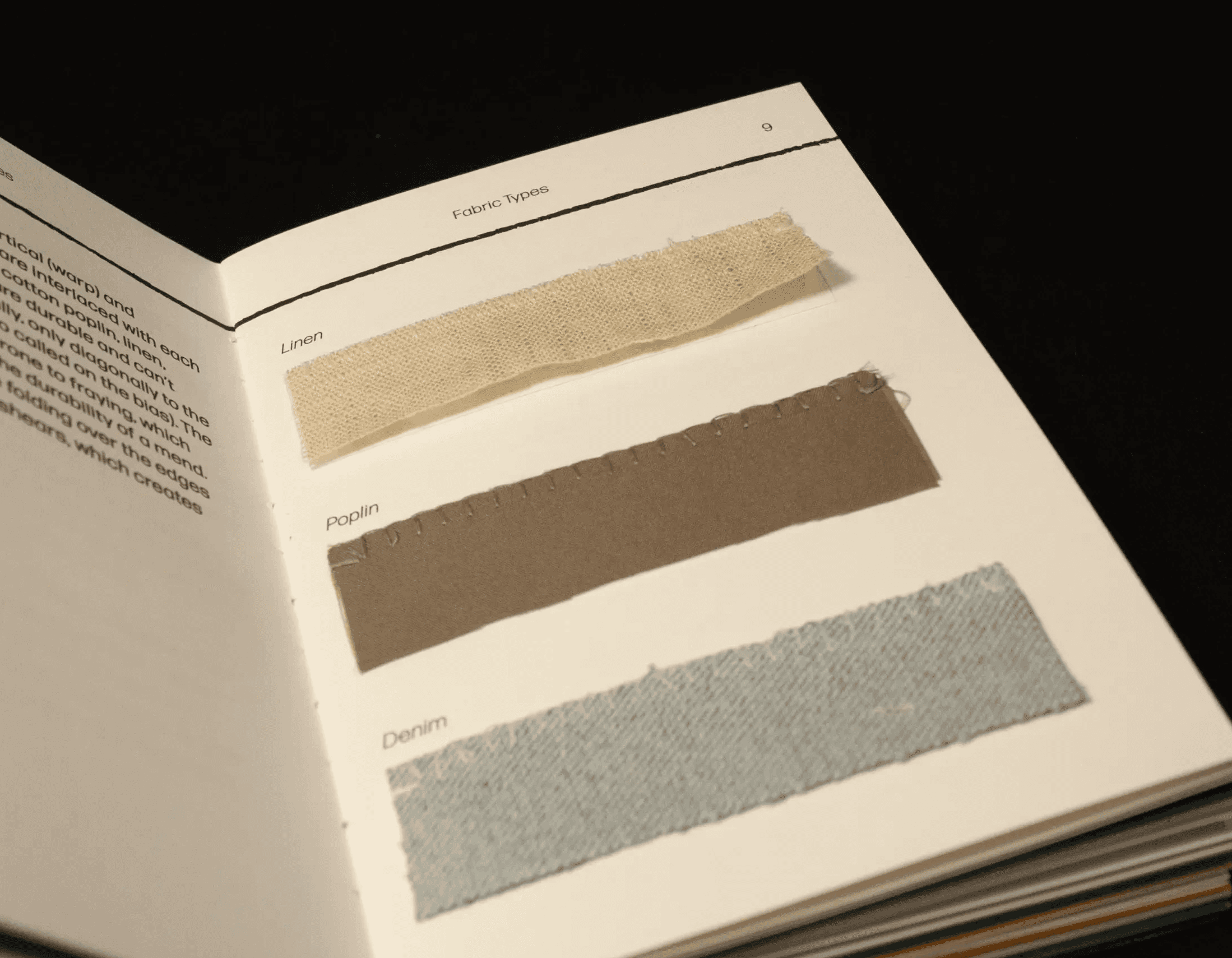 Fabric samples attached to pages of the mending guide
