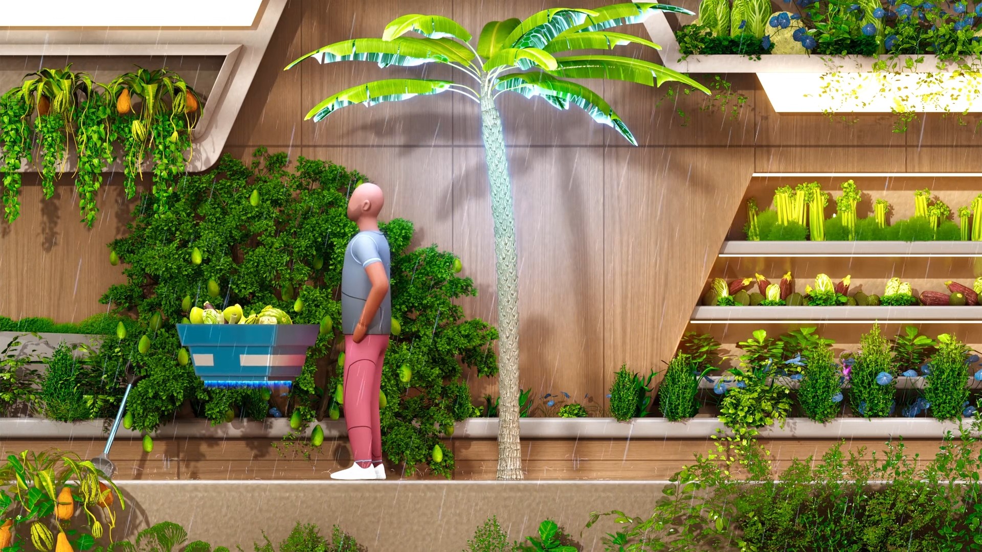 CG Character Picking Fruits In An Indoor Garden