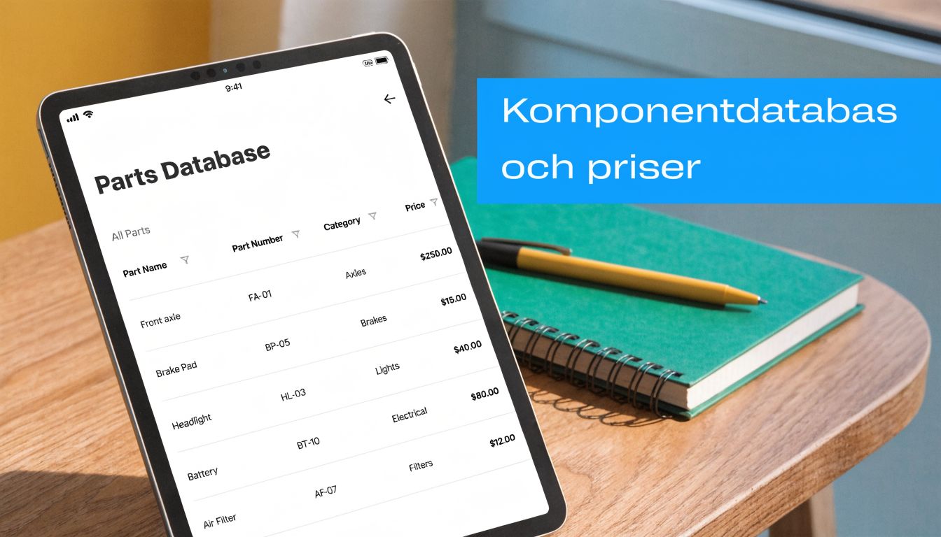 En surfplatta som visar en databas över bildelar med tillhörande priser på ett träbord vid en anteckningsbok.
