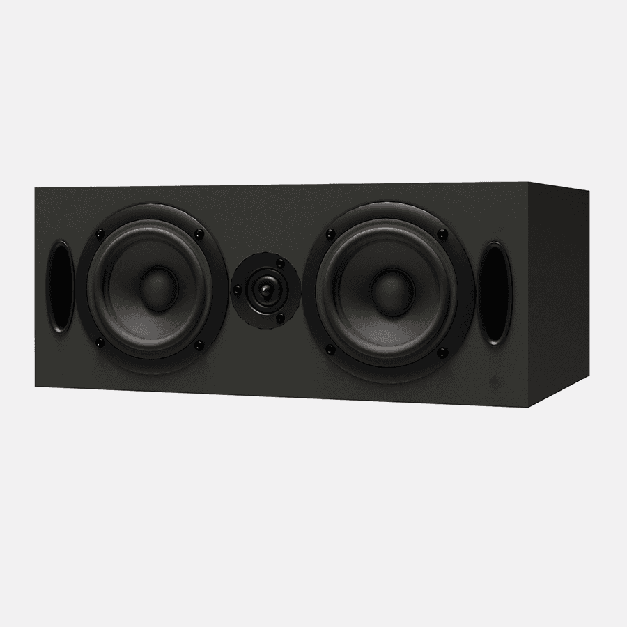 Black horizontal speaker with two large woofers