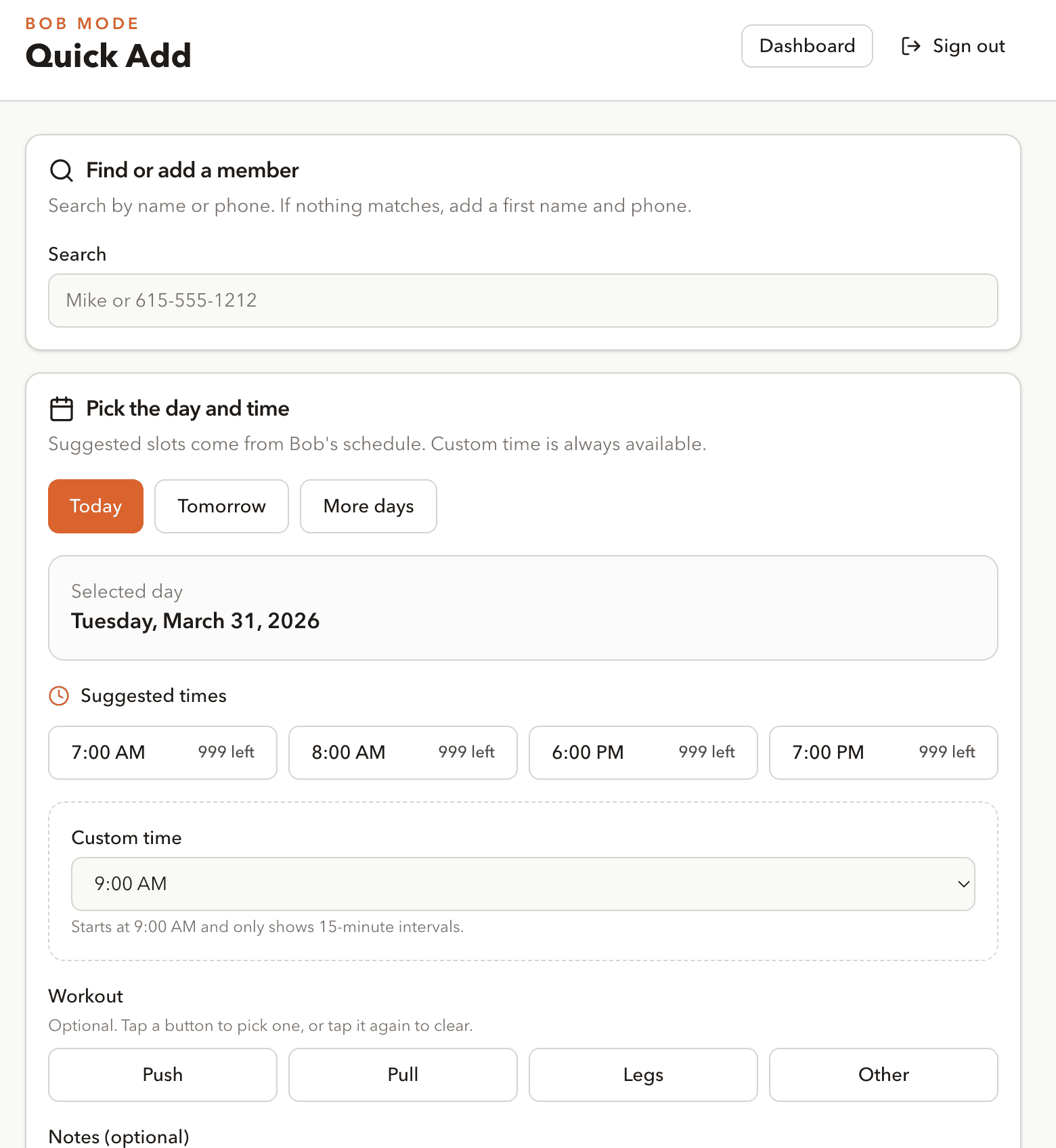 The Garage admin scheduling screen with operational controls.