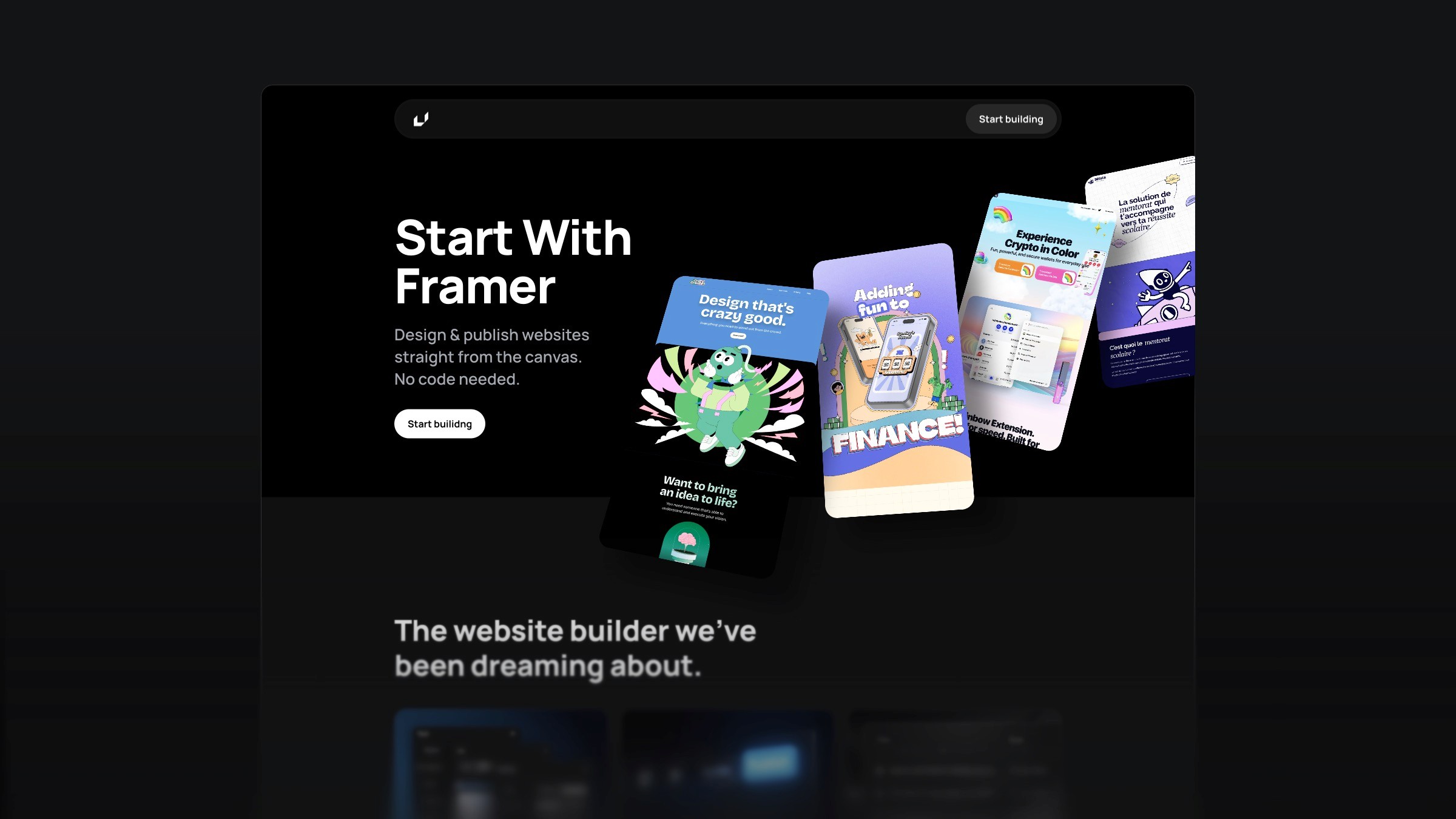 Framer landing page with 3D floating mobile screens showcasing finance and crypto app designs, featuring 'Start With Framer' headline and no-code website builder tagline