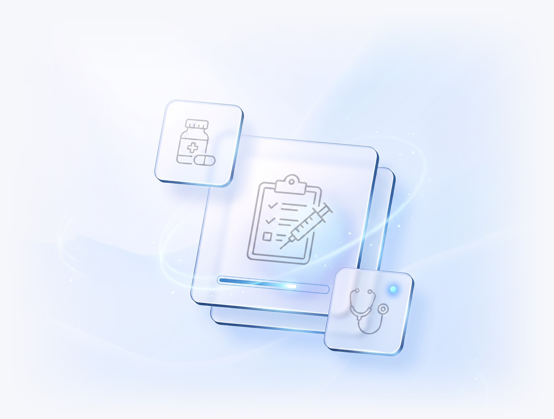 Ilustrație digitală a modulului de tratamente Evolvo: plan de tratament cu seringă, flacon de medicamente și stetoscop, pe fundal albastru deschis.