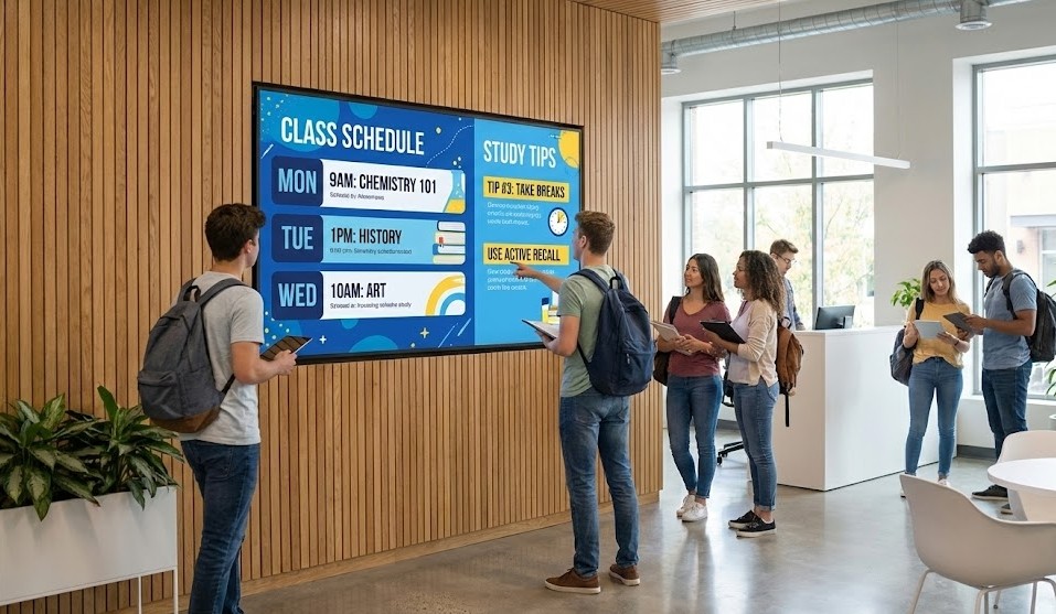 Estudantes consultam um painel digital com horários de aulas e dicas de estudo num saguão moderno da universidade.
