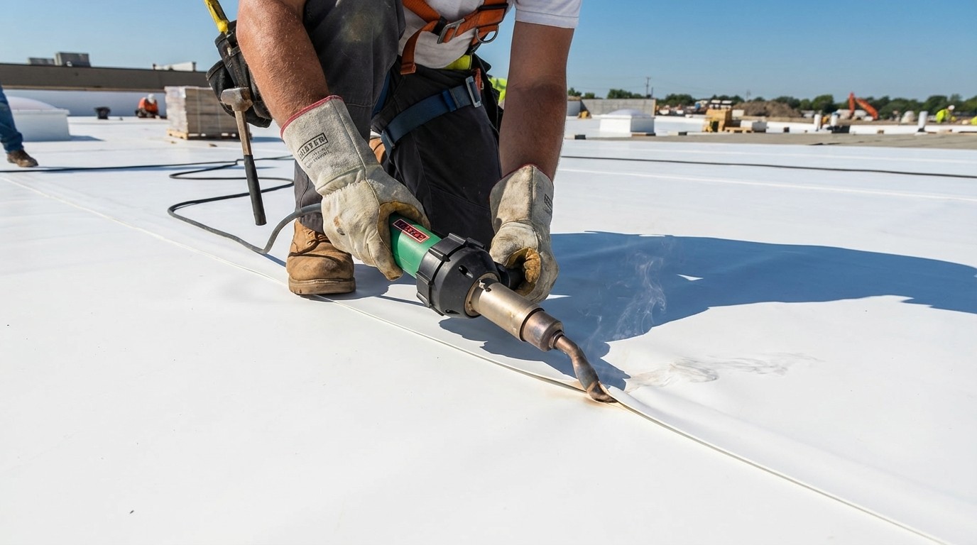 Contractor heat welding TPO flat roof seam installation