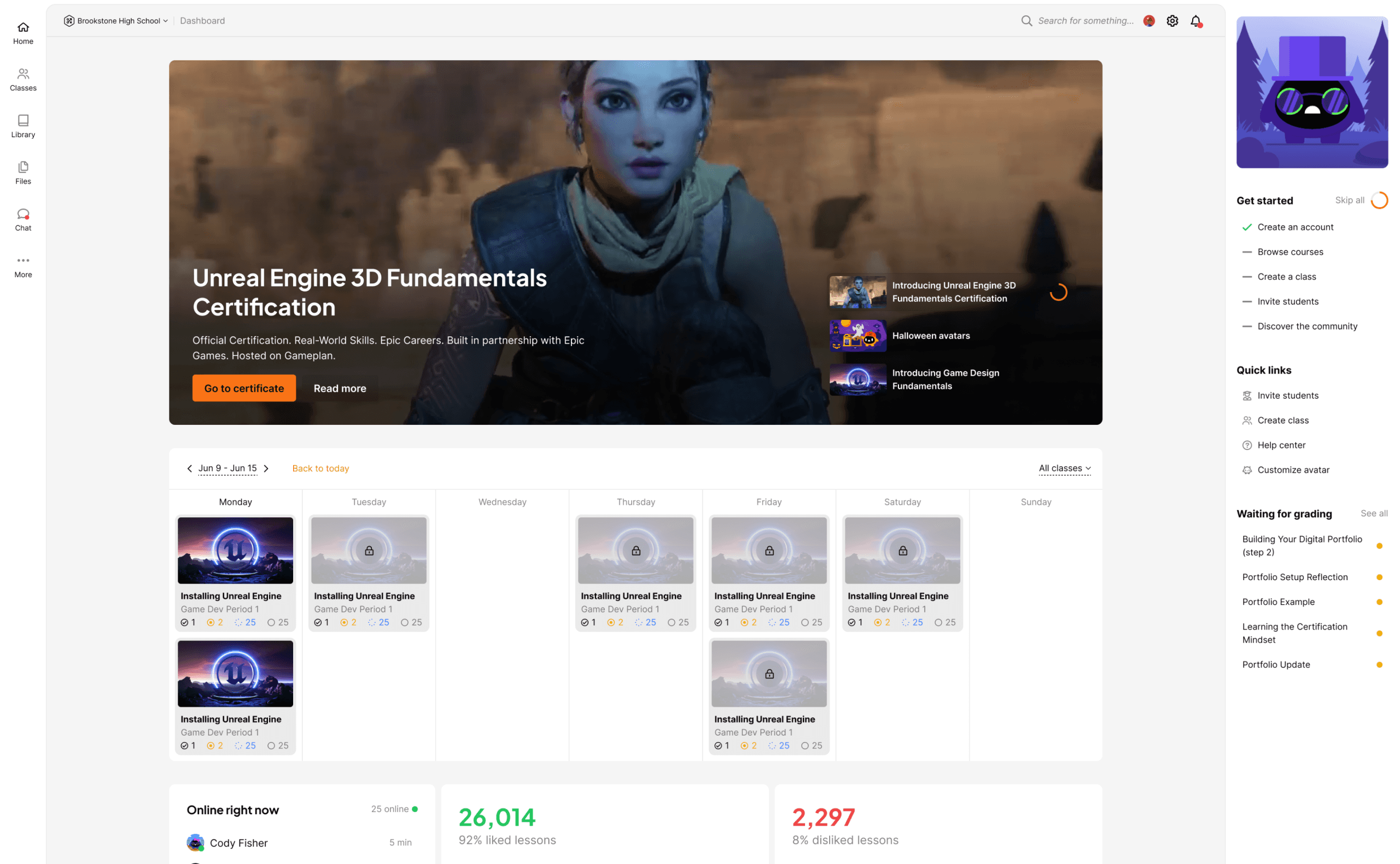A screenshot of the Gameplan dashboard displayed in a web browser. At the top center is a large featured banner with a 3D character image promoting a course or certification. Below it is a weekly calendar view showing scheduled lessons with thumbnail images and progress indicators. A left sidebar contains navigation icons for sections like classes, library, files, and chat, while a right sidebar includes a “Get started” checklist, quick links, and a list of items awaiting grading. The layout is clean and modern, with light backgrounds and organized content panels.