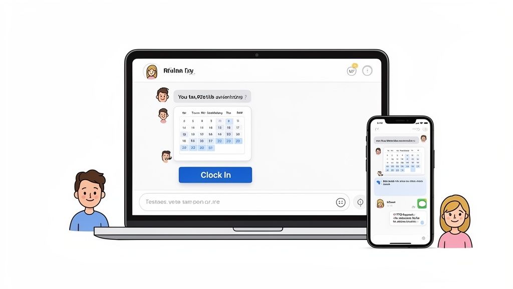 A man and woman illustrate a laptop and smartphone showing time and attendance software with a calendar and 'Clock In' button.