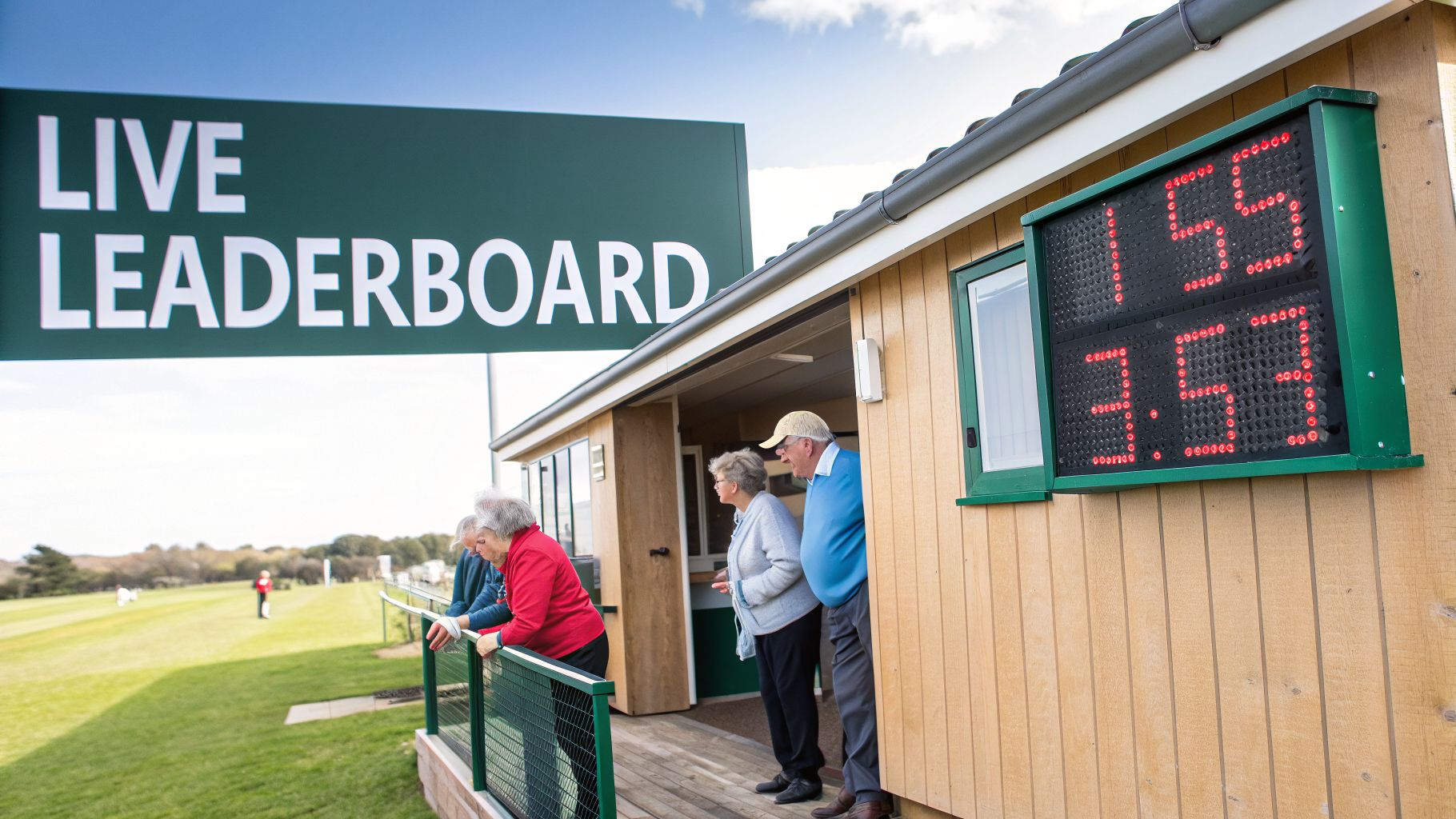 Seniors watch a live digital scoreboard at a golf course under a 