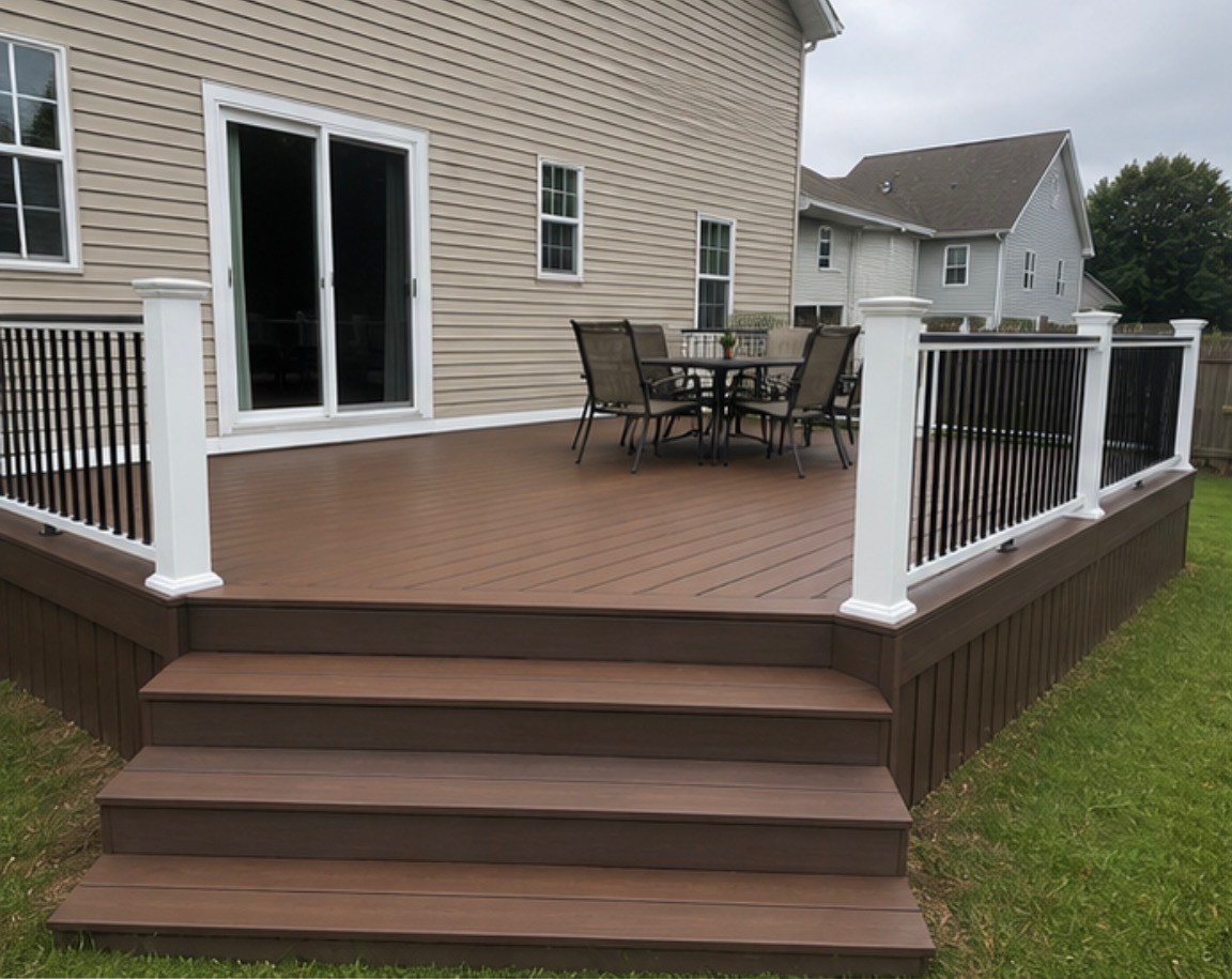 Finished deck with table, railing, and seating area