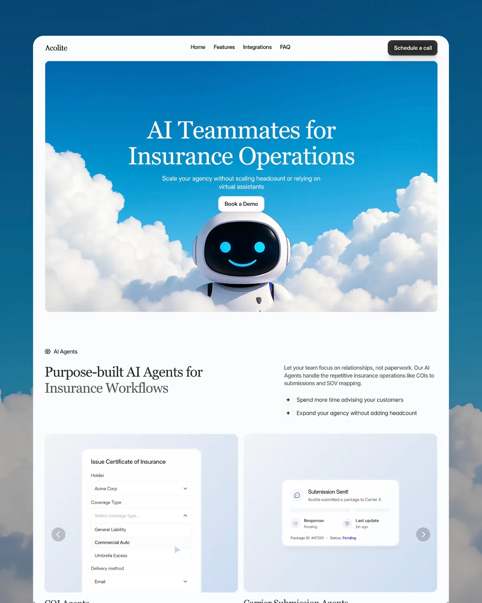 Acolite AI agents for insurance landing page, blue sky hero with robot mascot and purpose-built agent cards — web design by Luna UI design studio