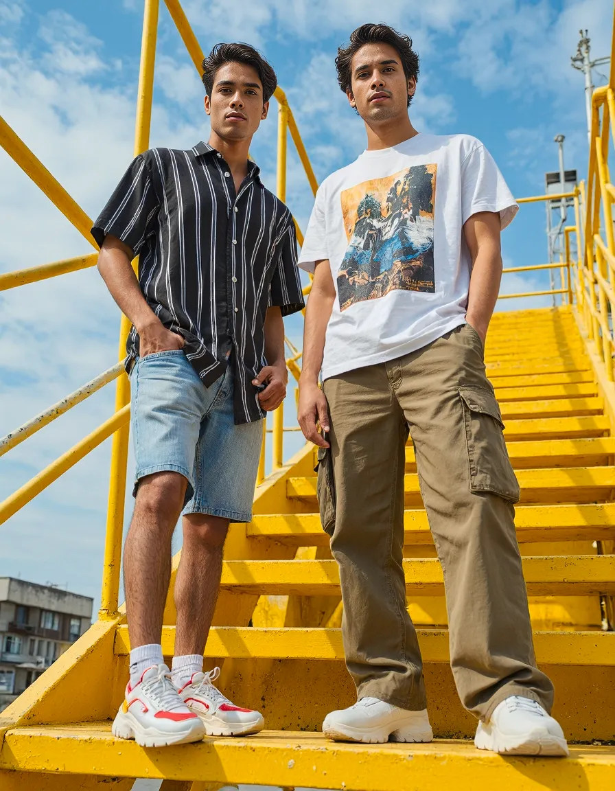 Two models posing on bright yellow stairs against blue sky, one wearing striped shirt with shorts, other in graphic tee with cargo pants