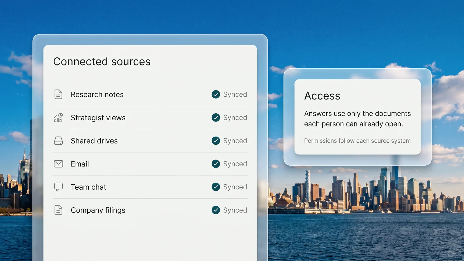 The firm's research, drives, email, chat and company filings connected in one place, with access following each source system's permissions