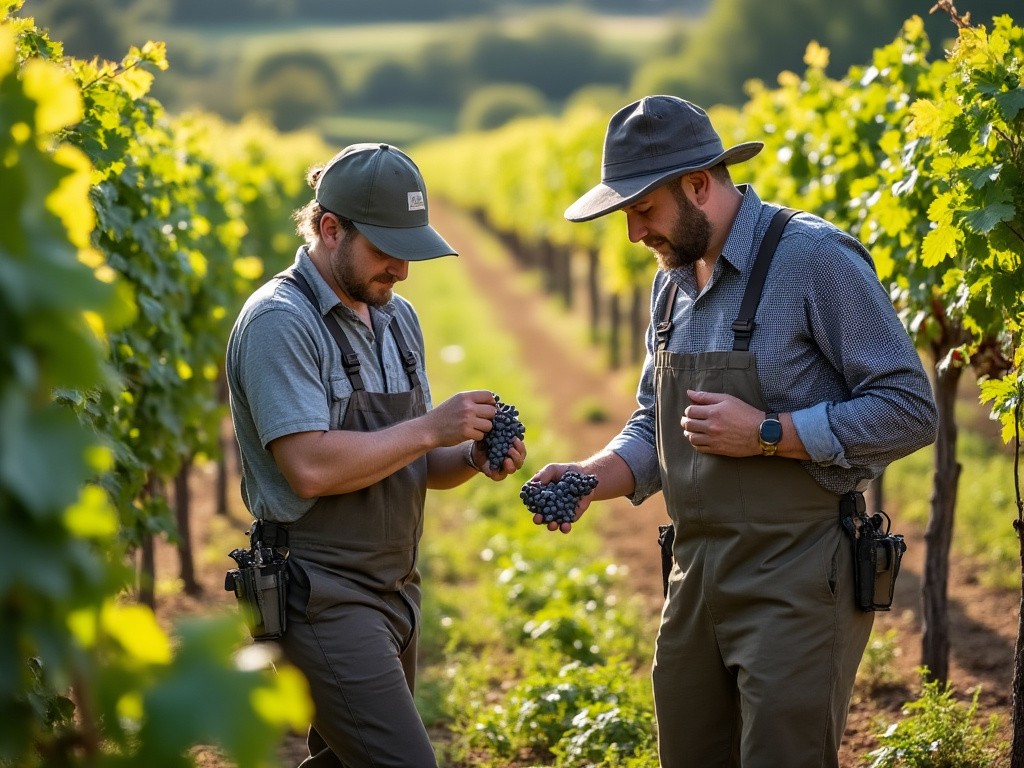 Farmers harvesting grapes in a vineyard, teamwork and organic farming.