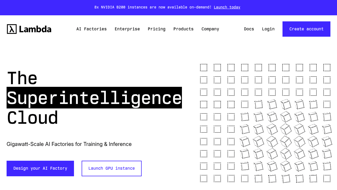 Lambda Labs homepage featuring bare-metal GPU cloud infrastructure for research and enterprise machine learning
