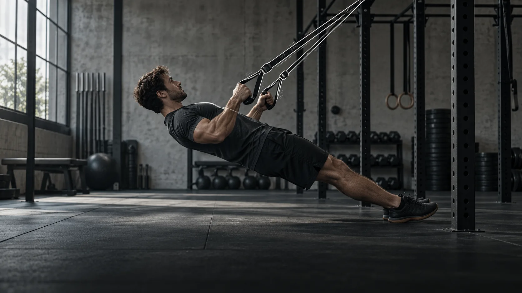 A man doing rows on suspension straps