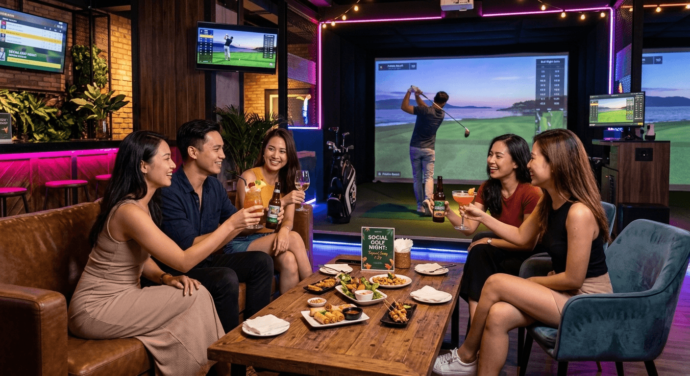 Friends enjoying drinks and socializing in a neon-lit indoor golf lounge while someone plays in the background