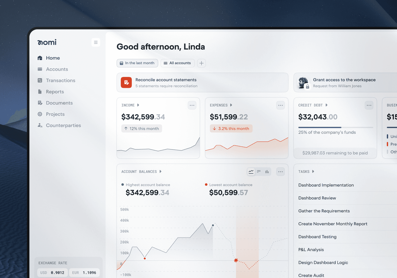 Nomi modular fintech ERP platform interface
