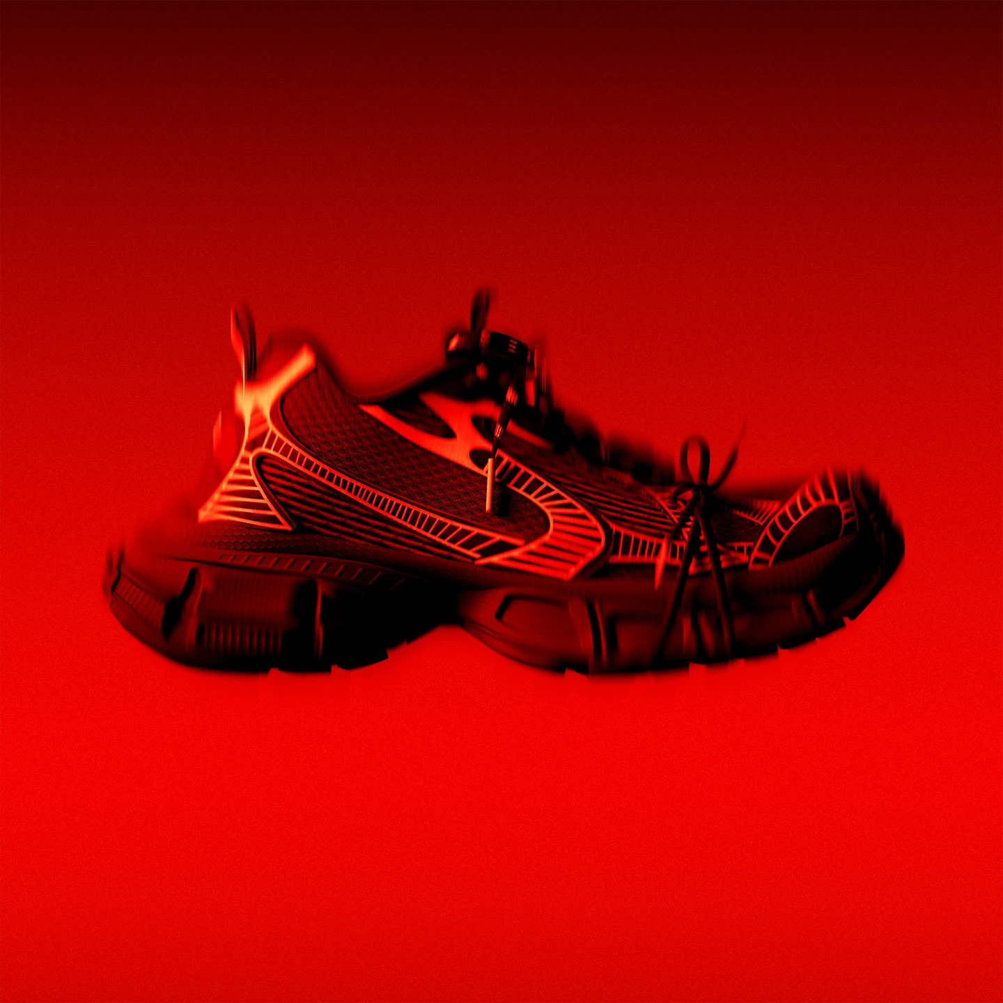 Balenciaga sneaker 3D render, side view facing left with motion blur, red background
