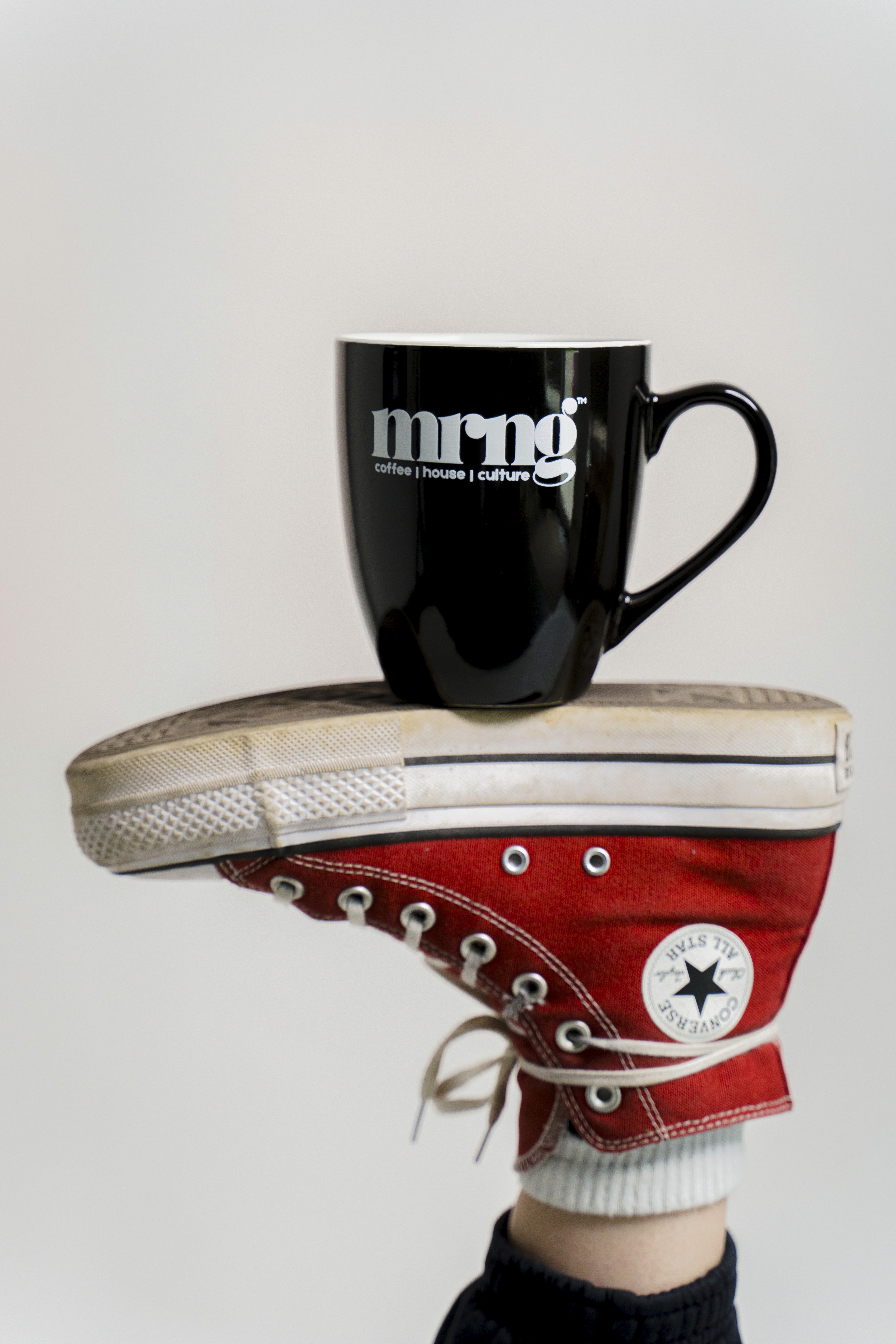 mrng coffee mug on converse