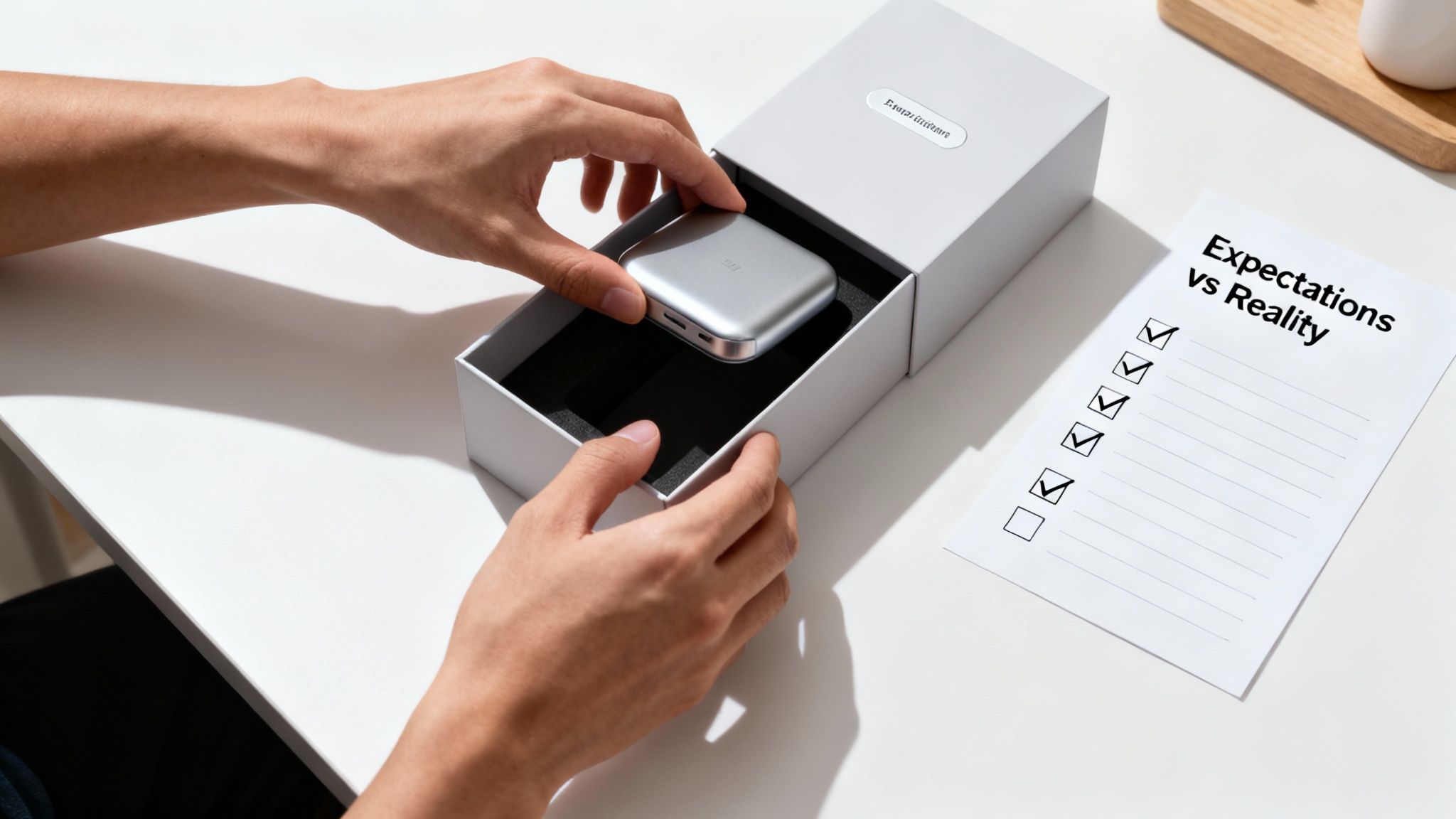 Person unboxing a new silver electronic device from a box, next to an 'Expectations vs Reality' checklist.