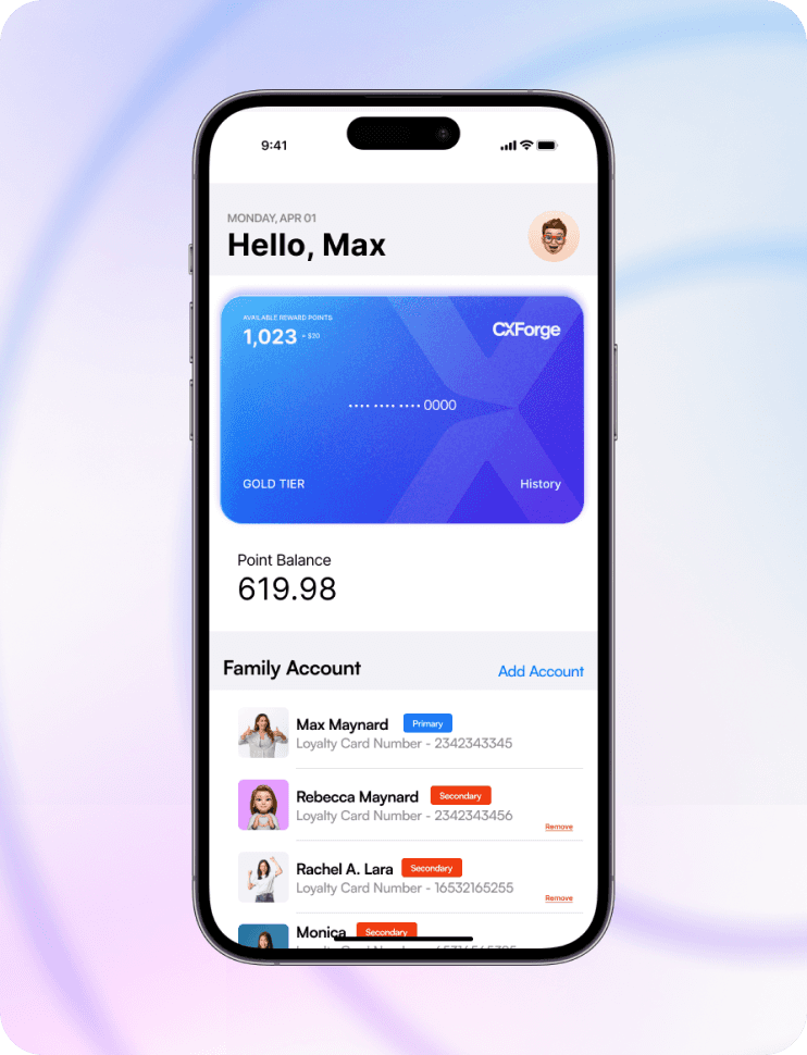 Loyalty mobile app showcasing receipt scanning, family point pooling, charity donations, and Apple Wallet integration