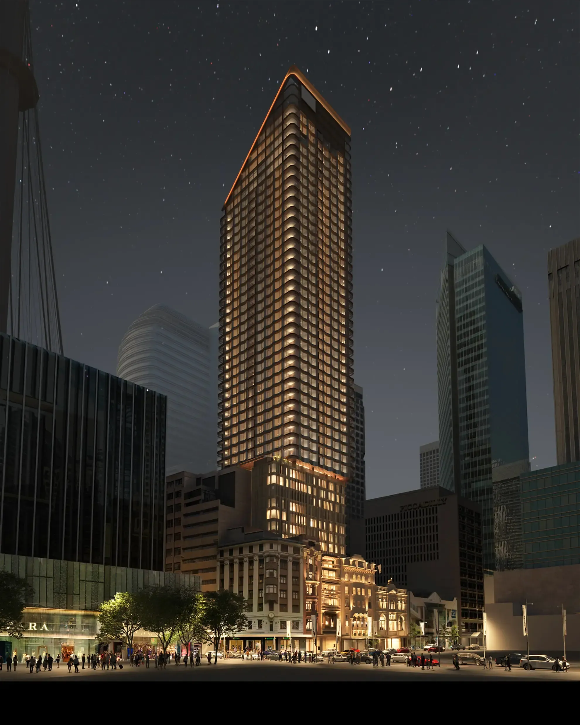 Glowing skyscraper at night with cityscape and stars