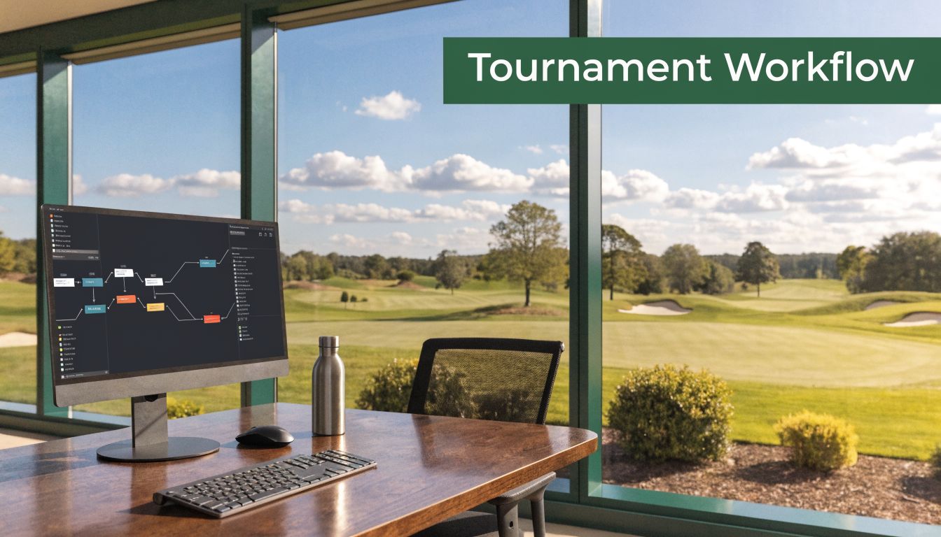 A modern office workspace featuring a desktop computer displaying a tournament workflow chart overlooking a golf course.