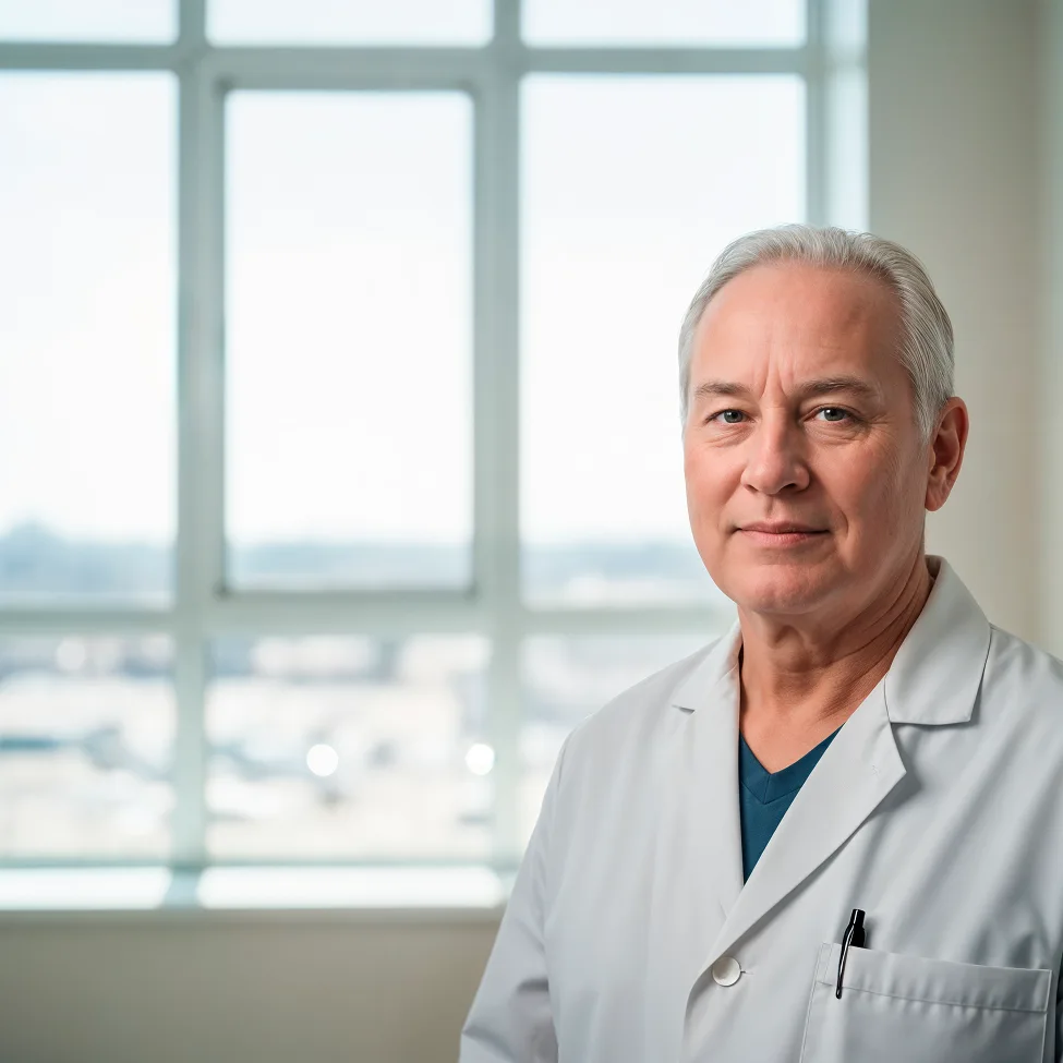 A doctor wearing a white coat stands in a bright medical facility, representing medical supply tracking, expiry alerts, and compliance management.