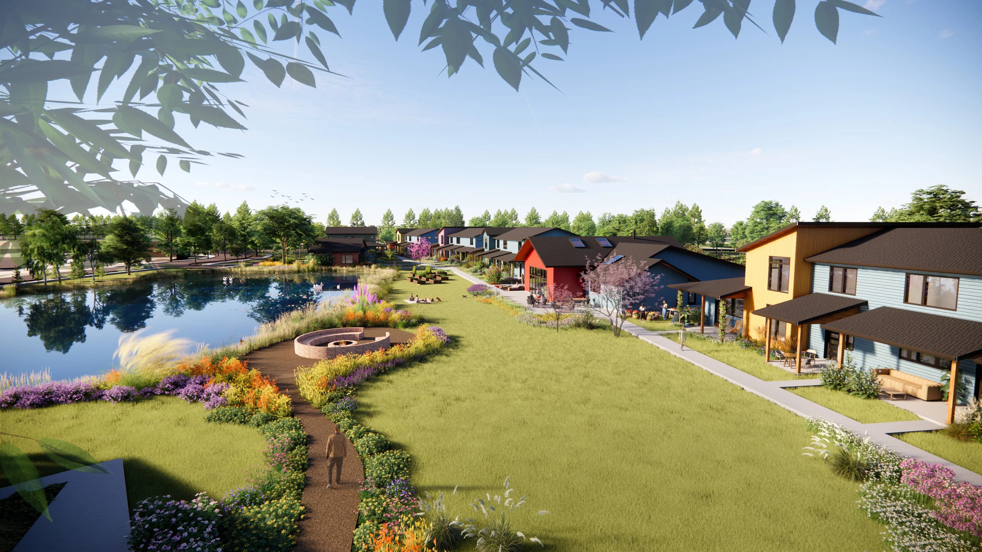 Rendered view of homes arranged around shared green space and pathways in a walkable village layout.