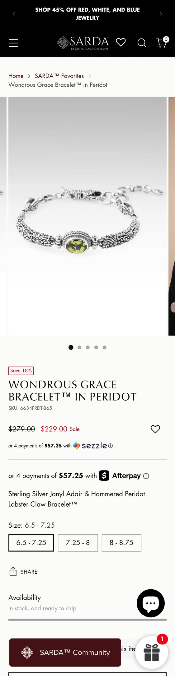 Jewelry product options include: bracelet for Wondrous Grace Bracelet™ in Peridot from SARDA™.