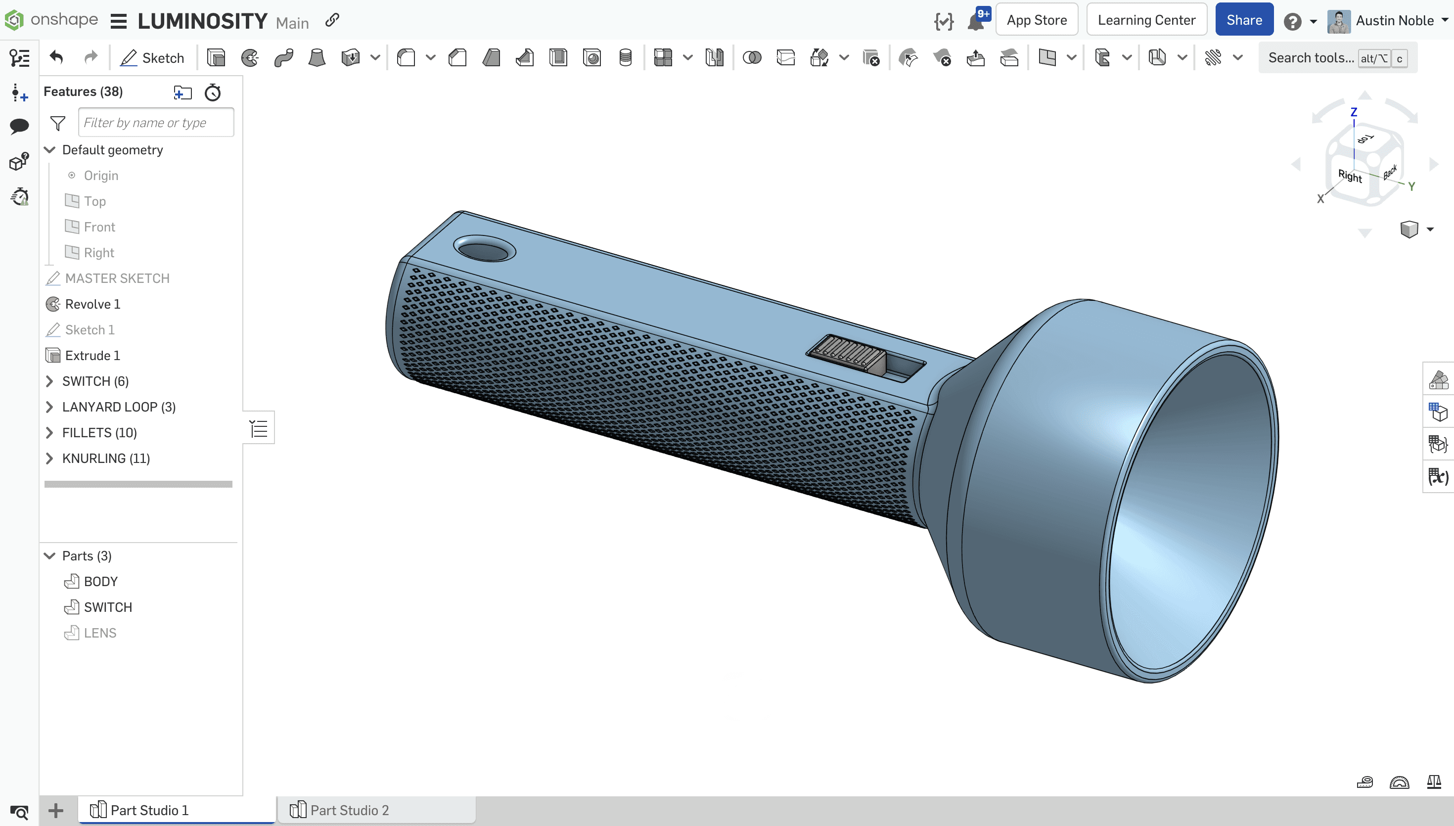 A screenshot showing a CAD model of a flashlight concept.