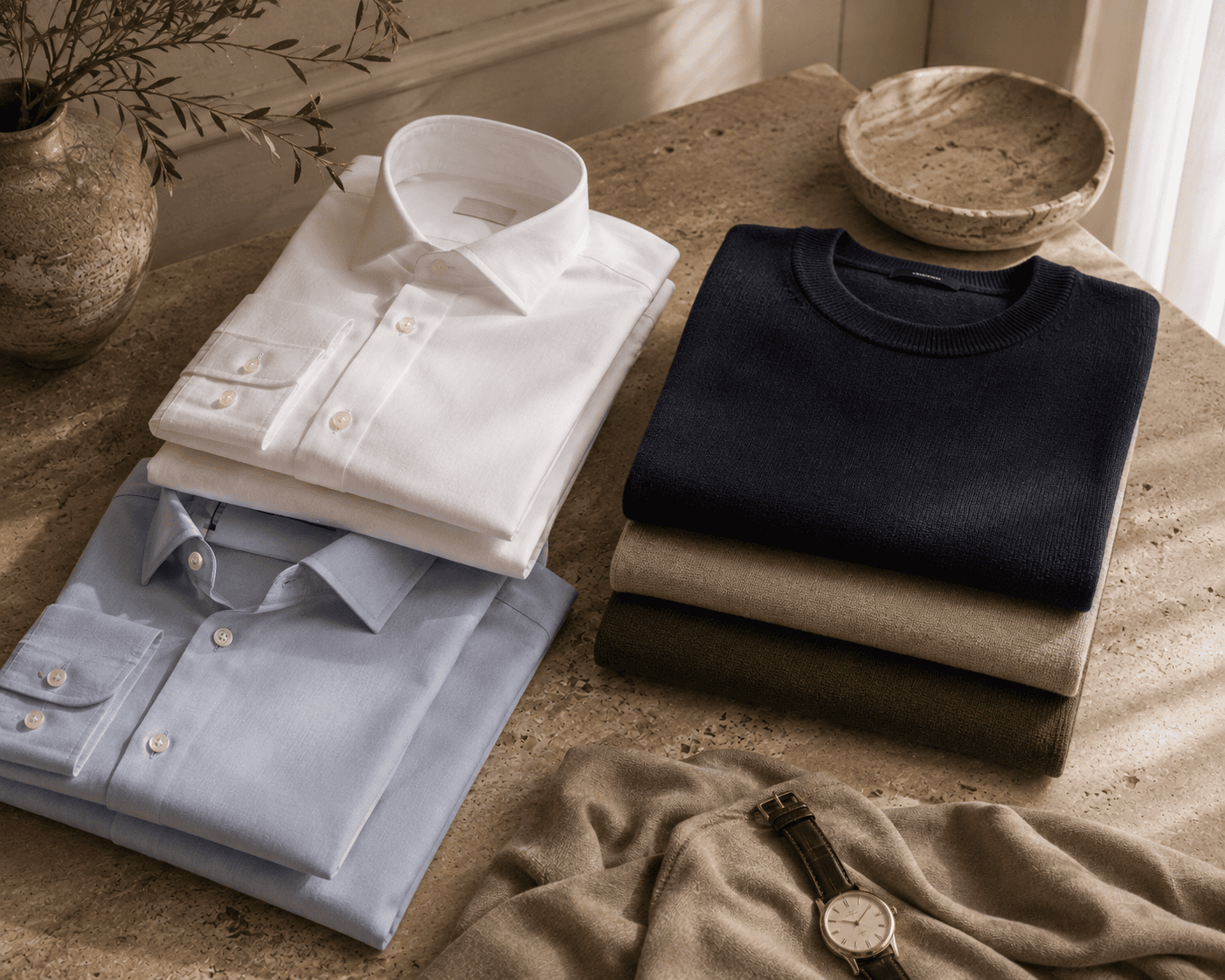 A neatly organized menswear flatlay on a warm travertine stone surface. On the left is a stack of two crisp folded dress shirts in white and light blue. To the right is a stack of three crewneck knit sweaters in navy blue, beige, and olive green. The bottom foreground features draped beige cashmere fabric next to a brown leather-strap watch, set against a backdrop with a ceramic vase containing foliage and a small stone dish in natural light.