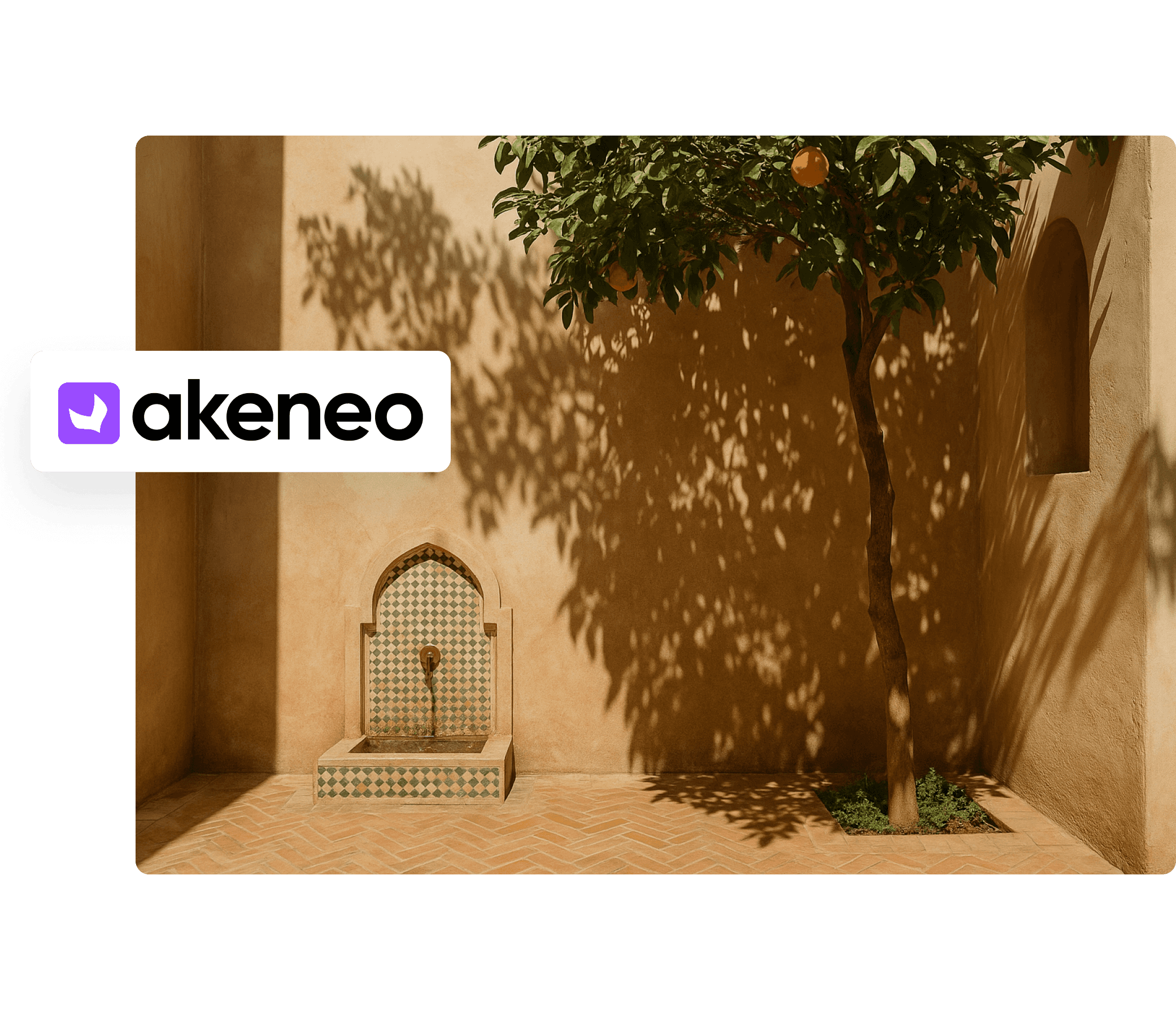 A sunlit courtyard features a traditional arched fountain with intricate tilework beside a leafy orange tree casting shadows on the warm, stuccoed walls.