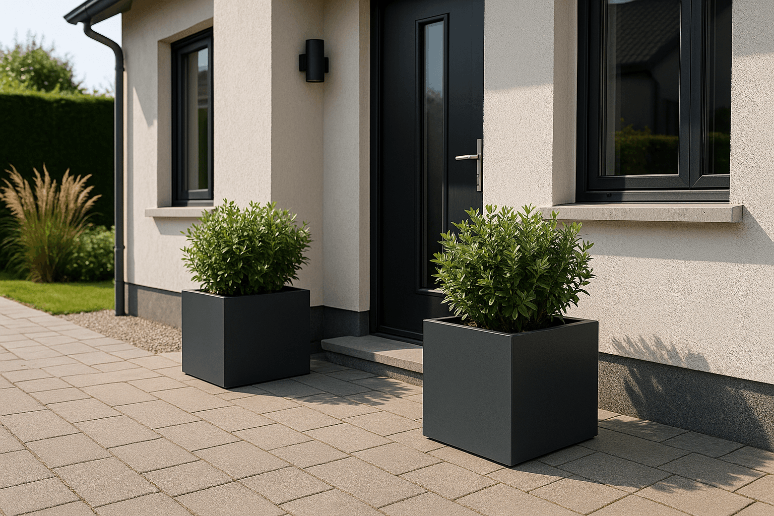 Custom aluminium flower pots adding architectural elegance to an Irish home entrance