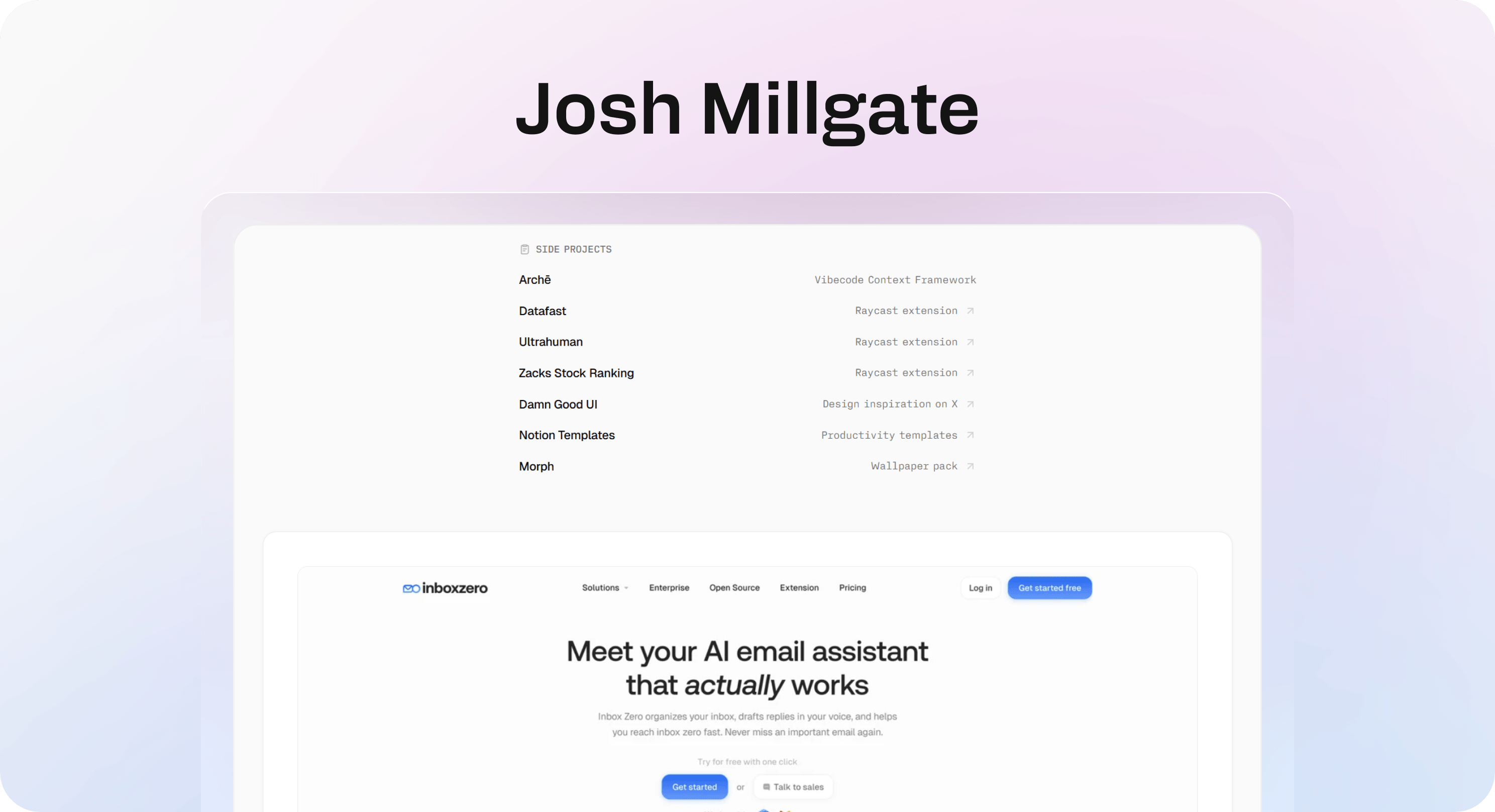 Josh Millgate portfolio website showing side projects, product work, and a clean Notion-powered layout.