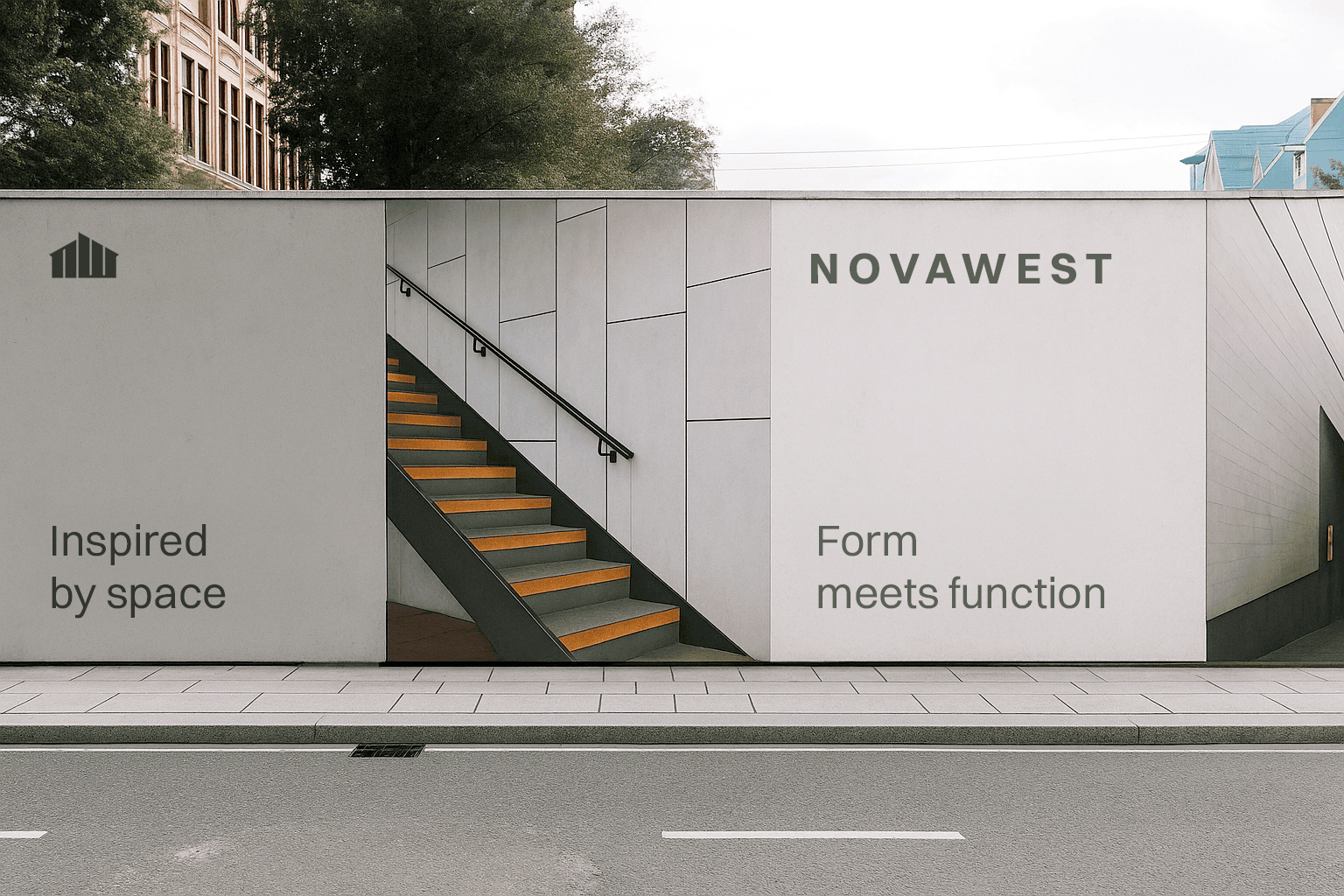 Modern outdoor wall design with "NOVAWEST" branding, showing a stairway cut-out and text reading "Inspired by space" and "Form meets function" in minimal typography.