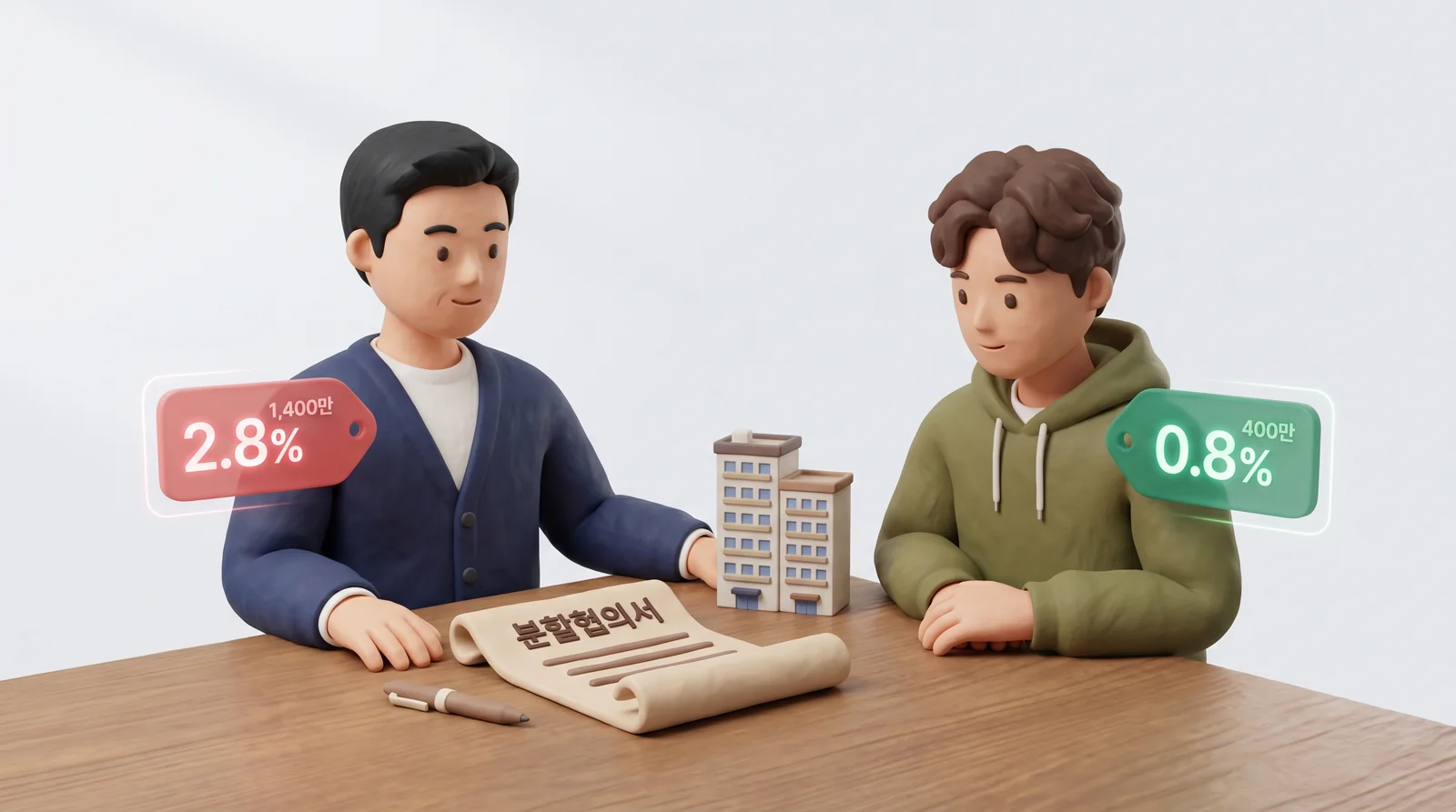 분할협의서 앞에서 형 2.8%와 무주택 동생 0.8% 상속 취득세율을 비교하는 형제