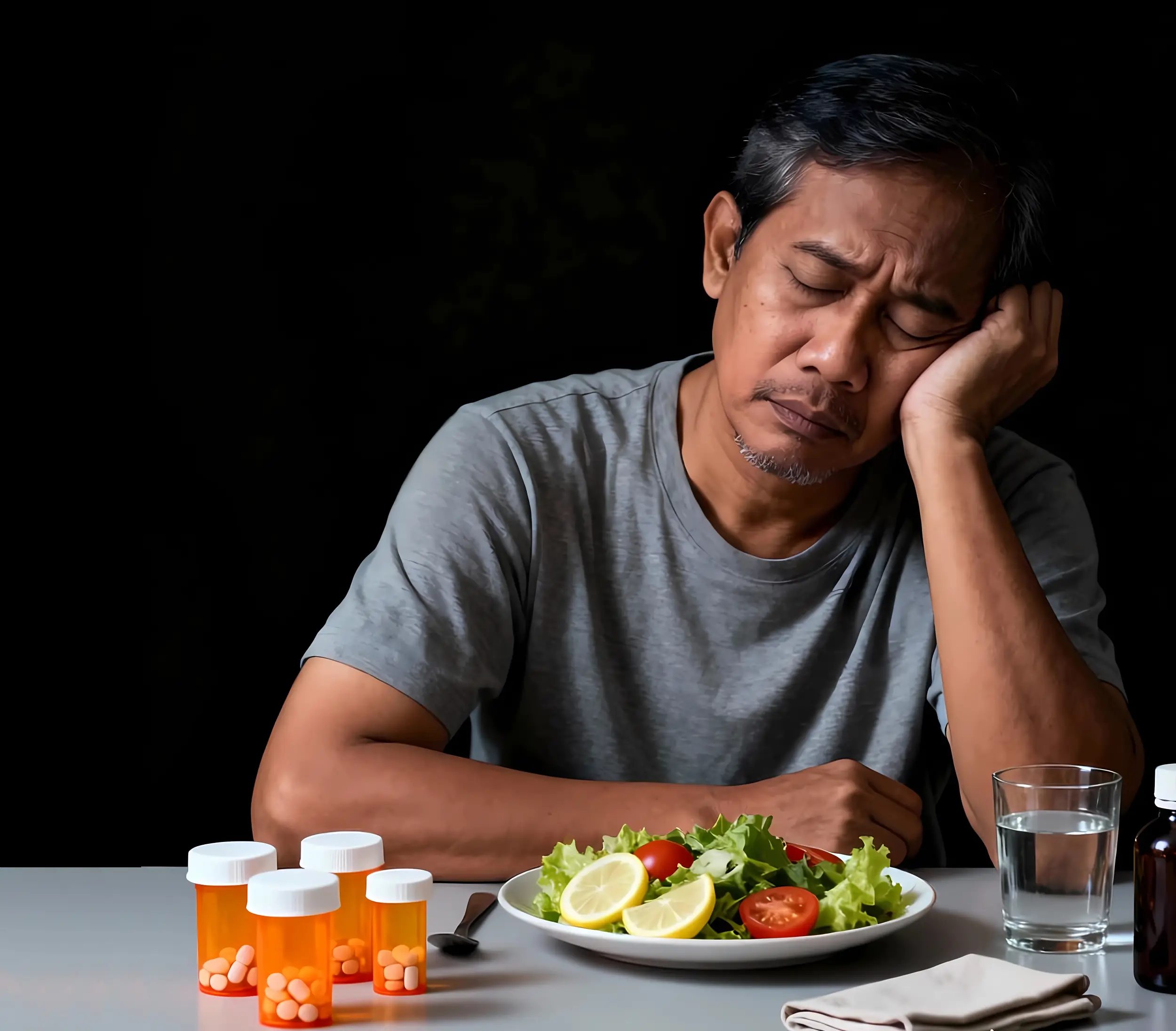 Lelaki Malaysia memegang kepala akibat keletihan kronik, tanda-tanda awal tubuh berasid dan risiko penyakit gaya hidup.