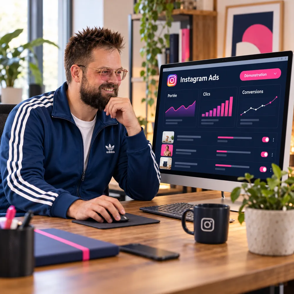 Anthony examine les performances d’une campagne Instagram Ads sur un grand écran.