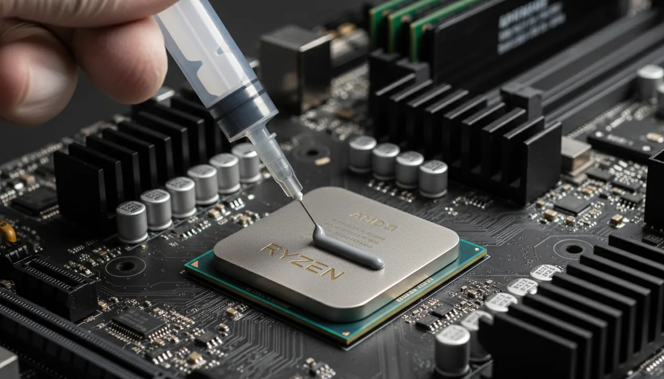 DSLR macro photograph of a hand carefully applying a bead of grey thermal paste from a plastic syringe onto the center of an AMD Ryzen CPU. The processor is installed in a black motherboard, surrounded by detailed electronic components and intricate silver circuit traces. The scene is captured with soft studio lighting, creating clean reflections on the metallic surfaces. Shallow depth of field keeps the CPU and the paste in sharp focus, with the background elements slightly blurred.